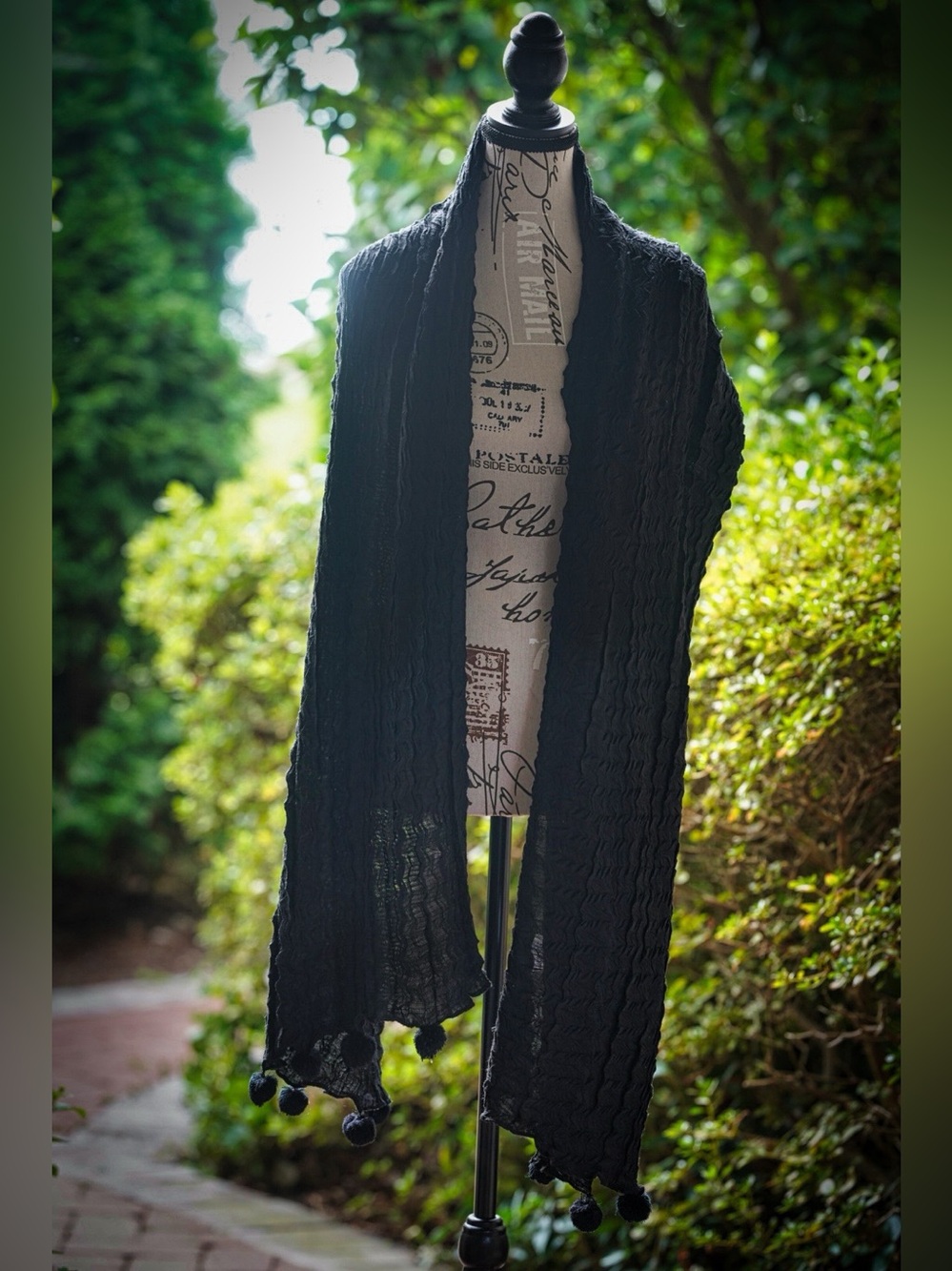Kate Landry Black Textured Crinkle Gauze Wrap Scarf with Pom Pom Trim